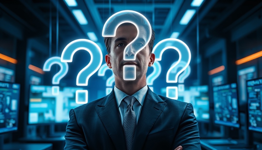 Professional in futuristic office pondering digital questions.