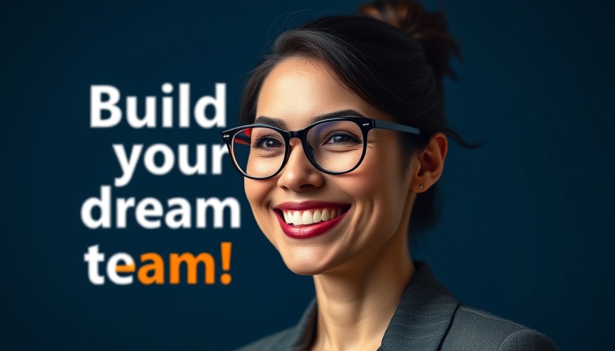 Confident woman smiling with 'Build your dream team!' text on blue.