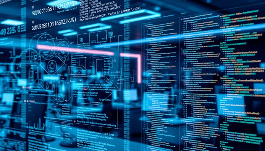 Abstract data processing visualization with code in a digital art style.