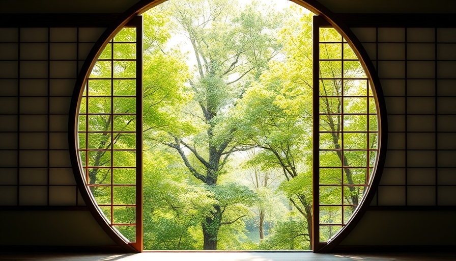Window view of lush green forest seen through shoji screens.