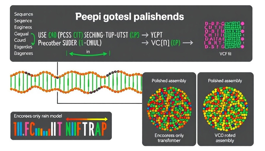 Diagram illustrating highly accurate genome polishing with DeepPolisher, including encoder and VCF file components.
