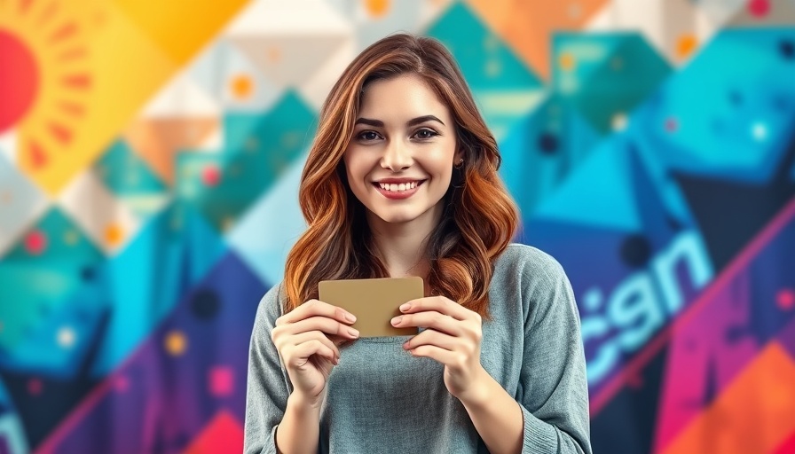 Smiling young woman with credit card in a colorful abstract setting, representing buyer persona definition.