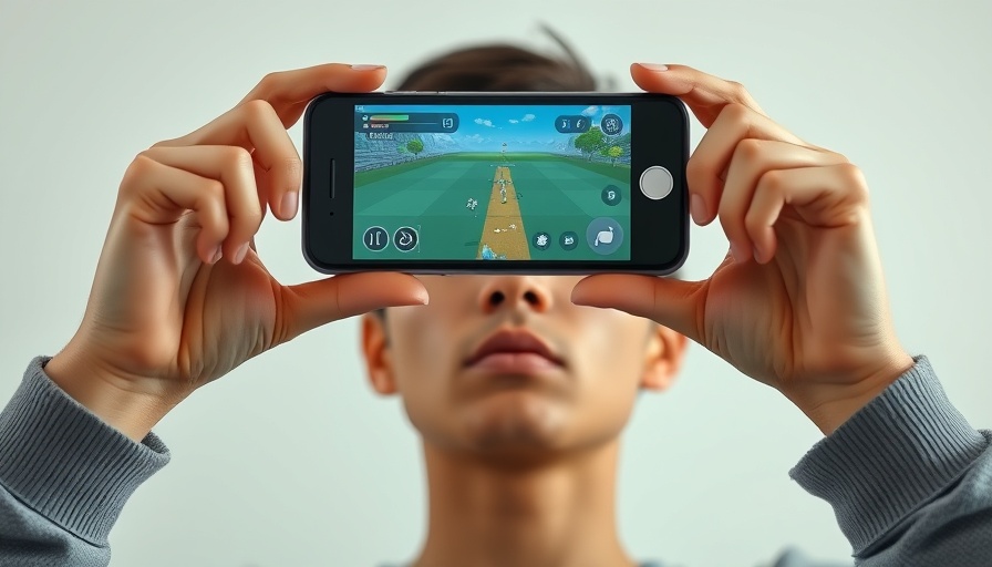 Person playing local multiplayer game with smartphone on forehead.