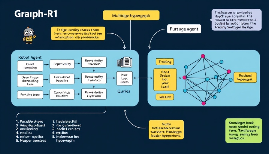 Diagram of Graph-R1 framework for multi-turn reasoning with a robot, queries, and hypergraph.