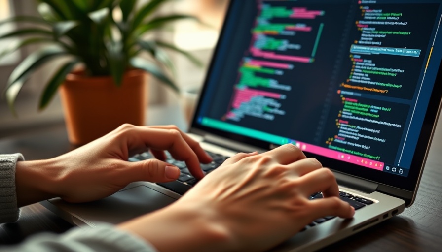 Hands typing code on laptop for AI in small businesses