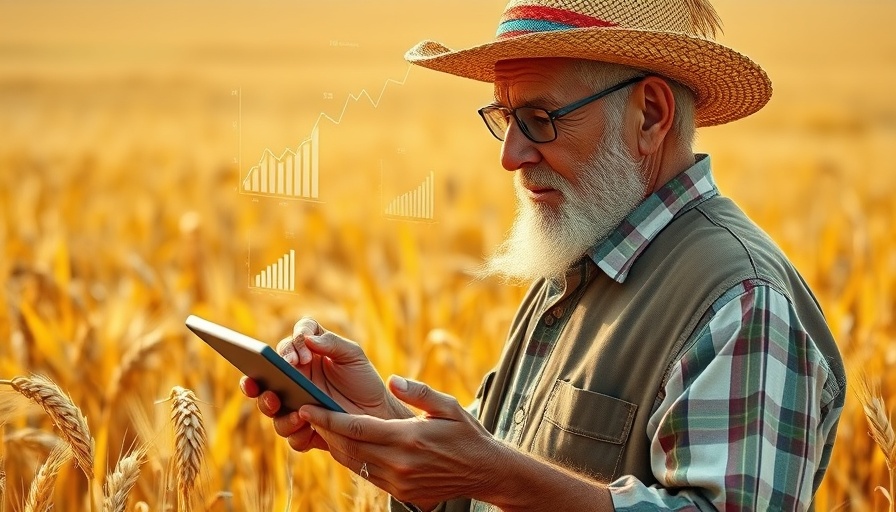 Elderly farmer using AI in Indian agriculture with tablet in wheat field.