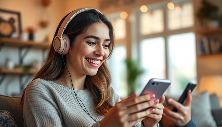 Young woman listening to trending songs on TikTok 2025, smiling at smartphone.