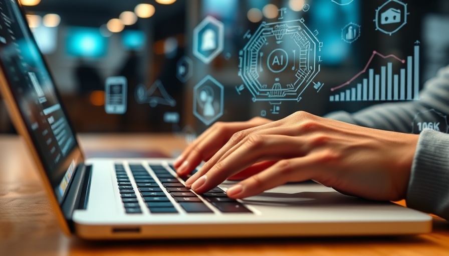 Hands typing on laptop with digital AI interfaces, open-source AI models.