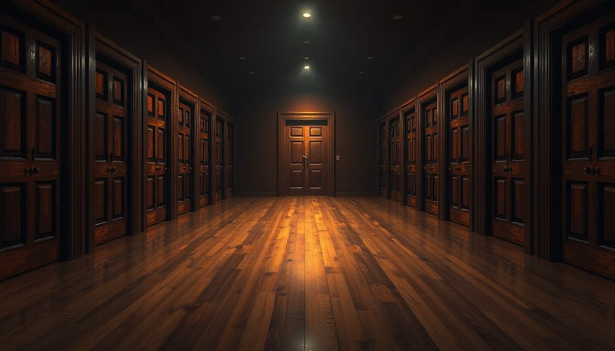 Series of identical wooden doors symbolizing choice-based adventure games.