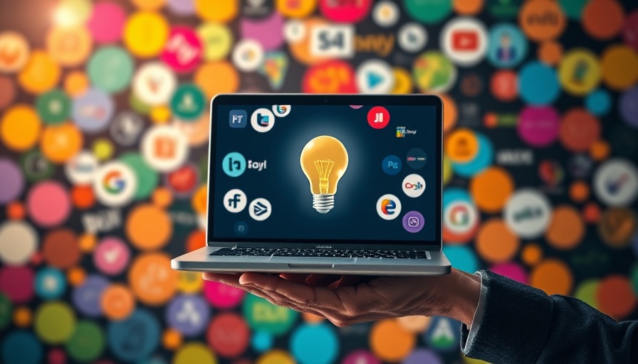 Hand holding laptop with logos, symbolizing AI logo generators for business.