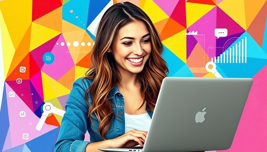 Smiling woman using laptop on desk, Benefits of Blogging for Business.