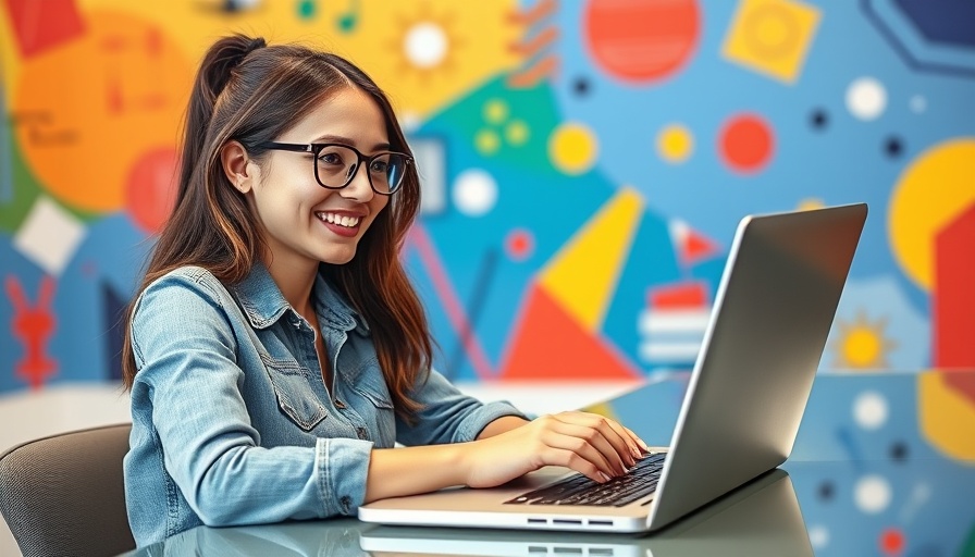 Woman blogging on laptop with abstract details, benefits of blogging for business.
