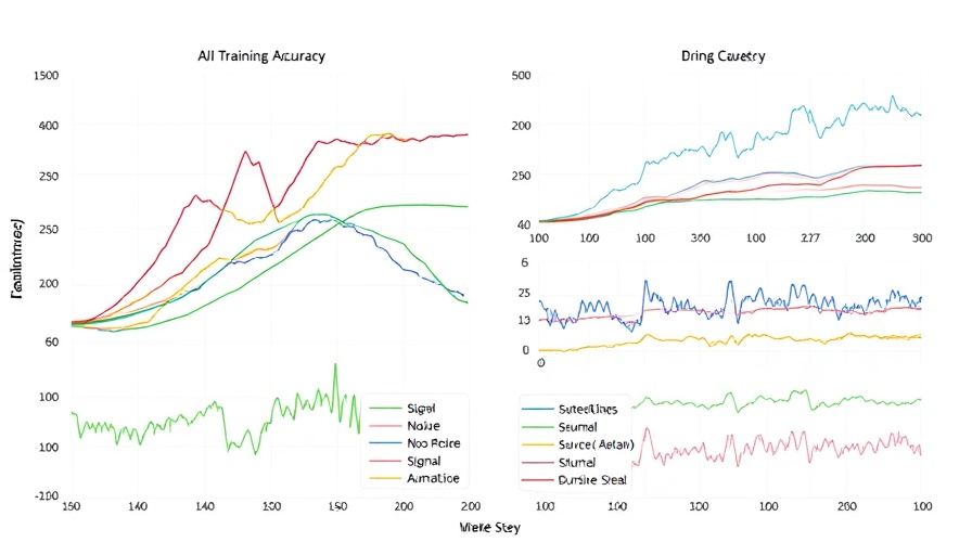 LLM Evaluation for Better AI Decisions: Line graphs showing AI model accuracy benchmarks, signal and noise levels.