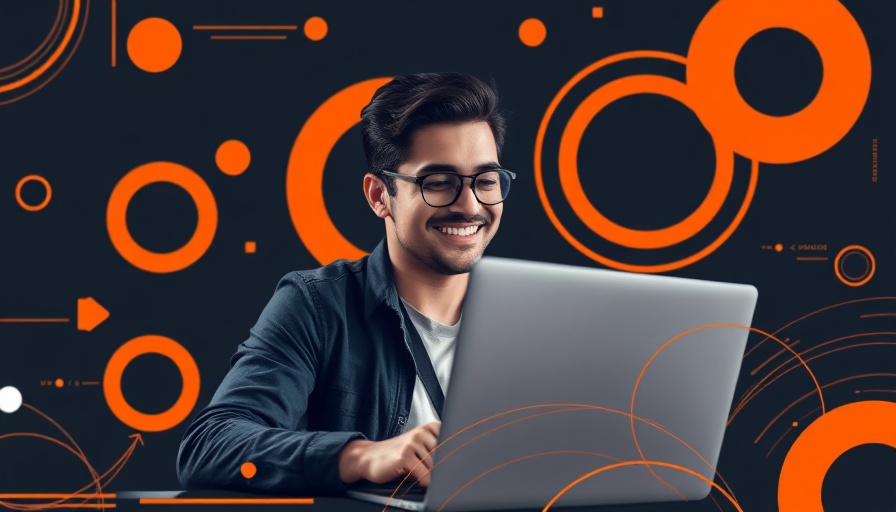 Young man working on laptop amidst digital design elements.