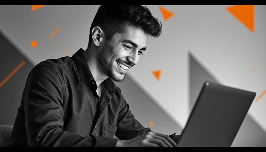 Young professional focused on laptop with geometric digital background for website redesign strategy.
