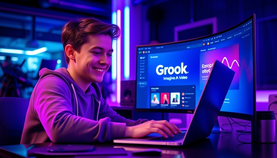 Person using Free Grok Imagine AI video generator on a curved screen.