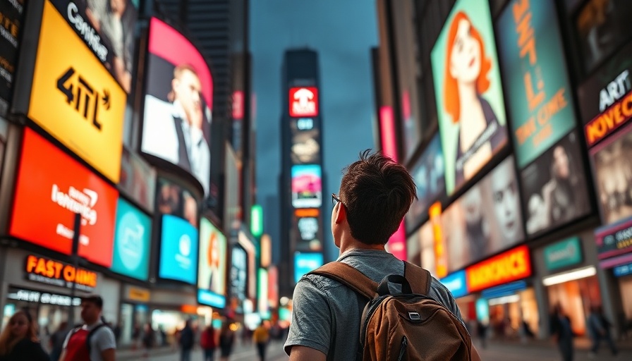 Young individual in city with vibrant billboards and bright lights emphasizing social media advertising