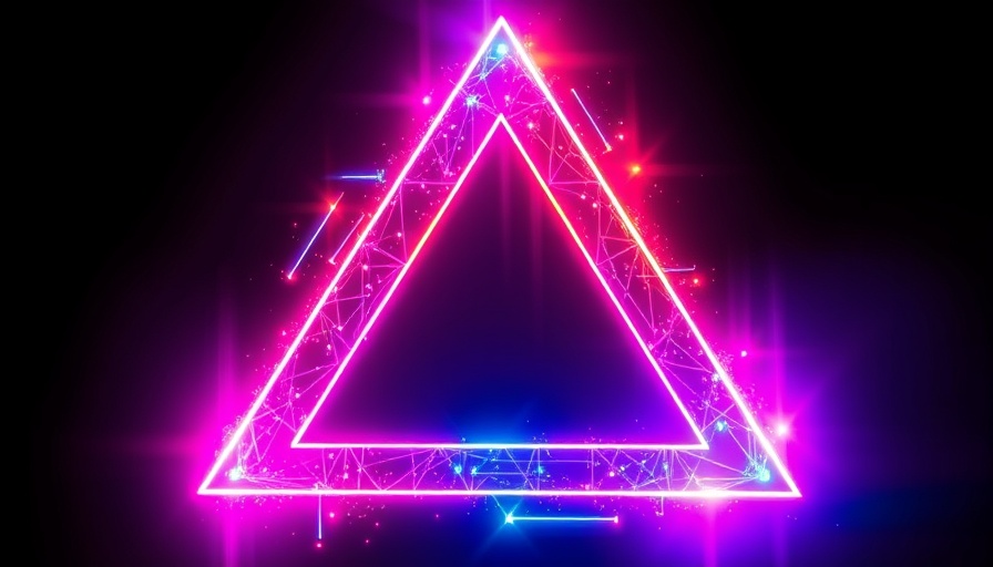 Futuristic neon triangle with vibrant pixelated glow, DHS 2025 AI Innovations.