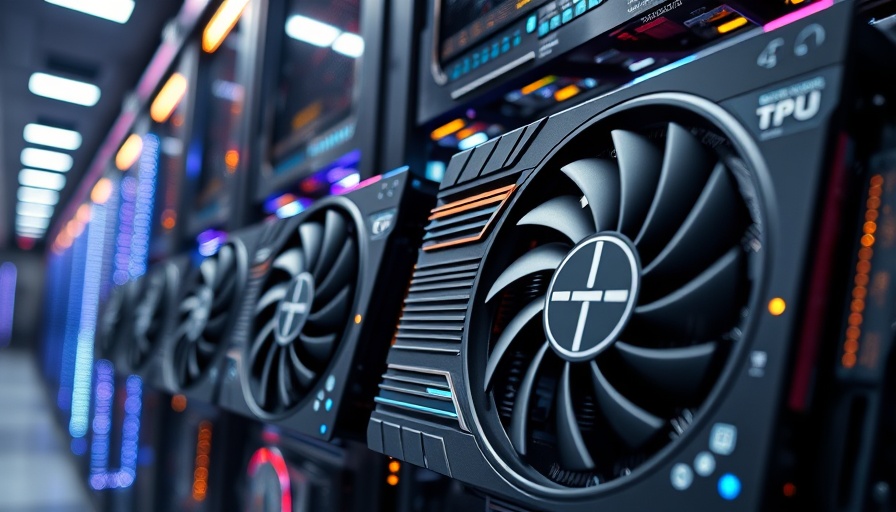 High-performance GPUs and TPUs in data center with LED lighting.