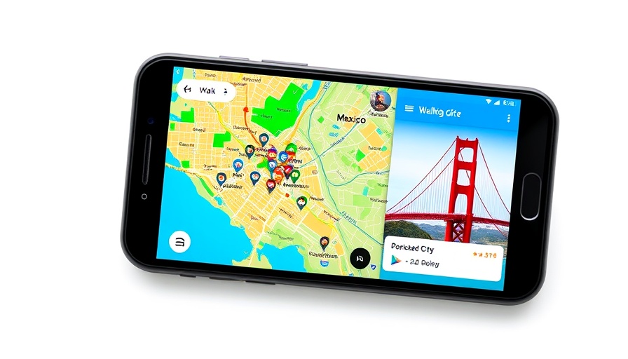 Vibrant Walk the World app interface on smartphones displaying maps and achievements.
