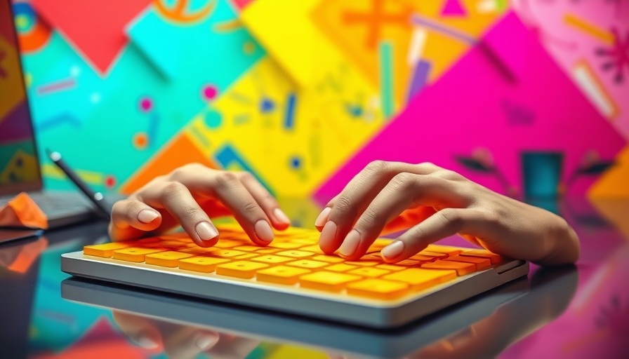 Vibrant hands typing on a yellow keyboard, Master Your Brand's Communication Strategy.