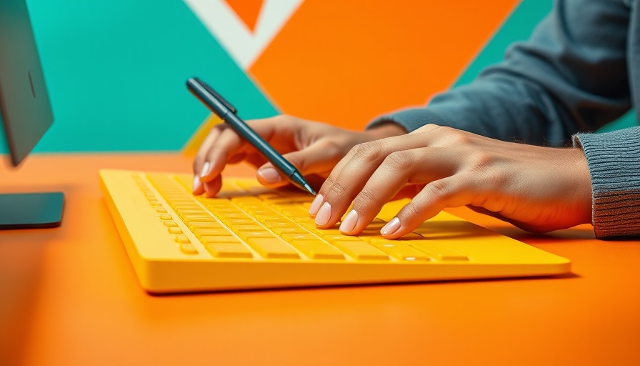 Vibrant workspace with hands typing, emphasizing brand voice importance.