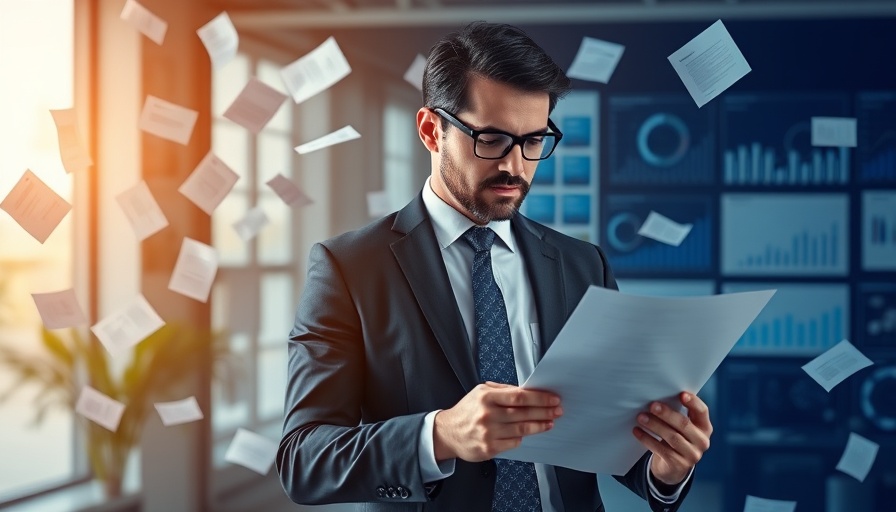 Businessman in contrasting digital and paper data space for data-informed B2B marketing.