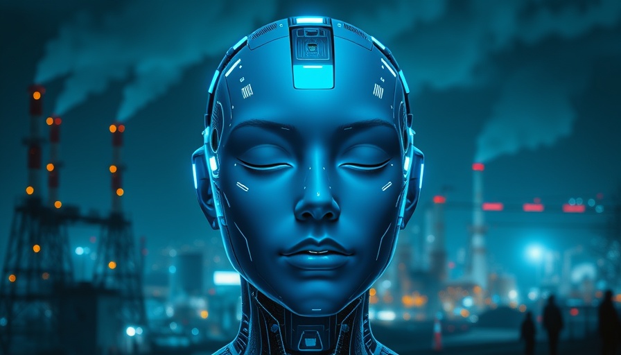 Futuristic digital head illustrating AI energy consumption over a power plant.