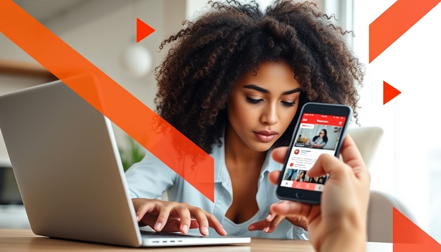 Woman working on laptop beside smartphone showing social media, vibrant backdrop.