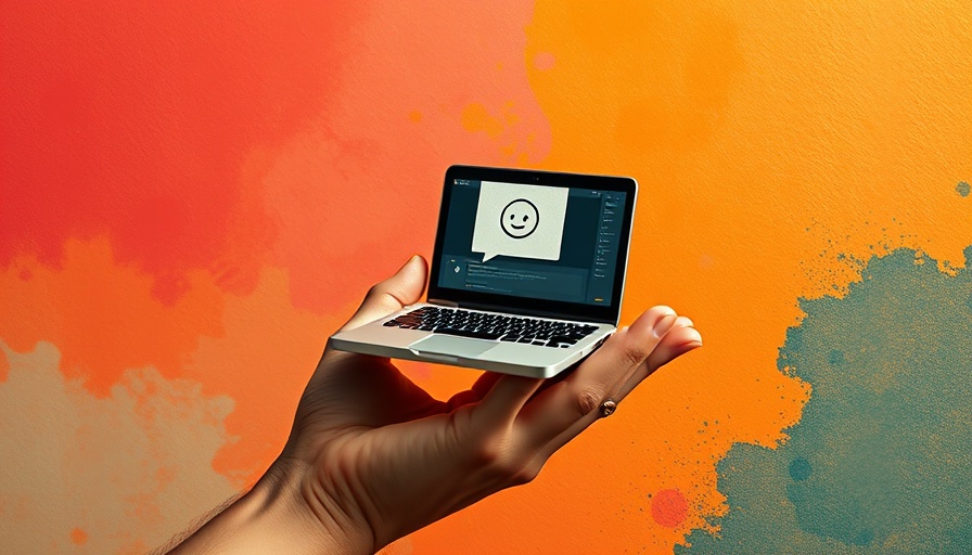 Conceptual art of AI chatbots for marketers, hand holding tiny laptop.