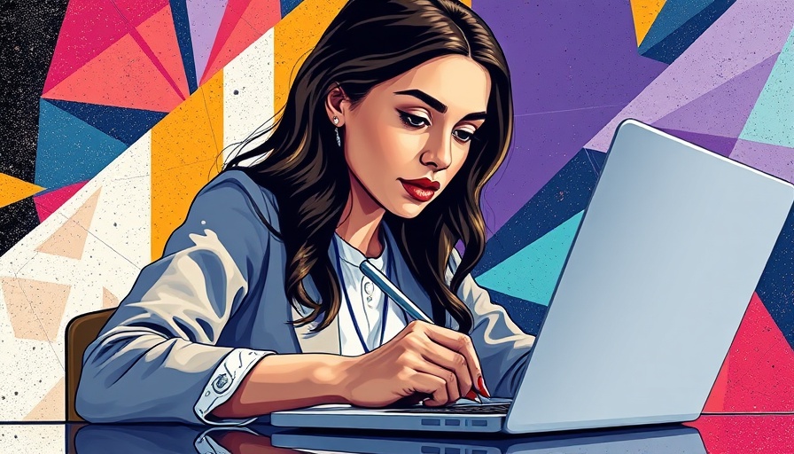 Focused woman writing at laptop with geometric background, content style guide.