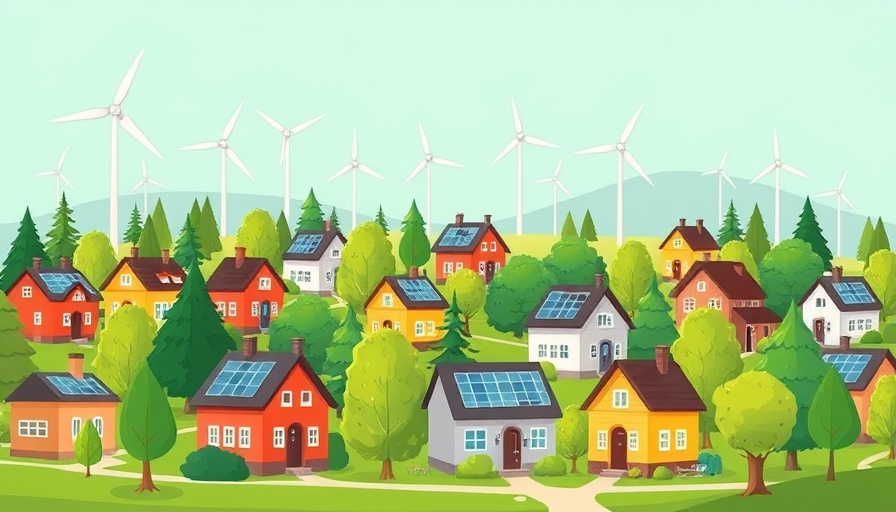 Colorful Eco Power Town with wind turbines, houses, and solar panels, game style.