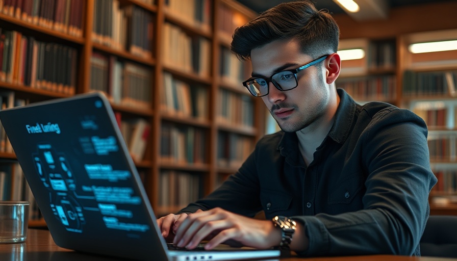 Focused individual using laptop with 'Beyond Fine-tuning' holographic interface in library, highlighting concept of Finetune LLM Agents without Finetuning LLMs.