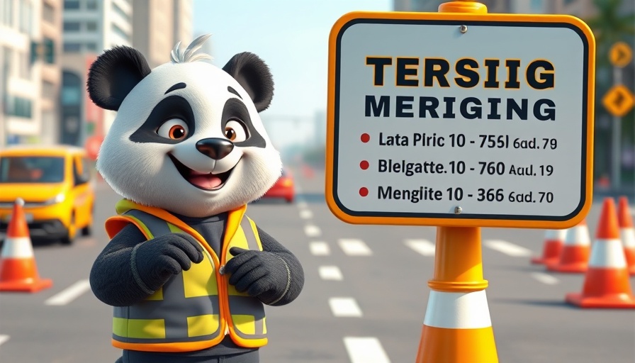 Cartoon panda directing traffic with 'efficient data merging tricks' sign.