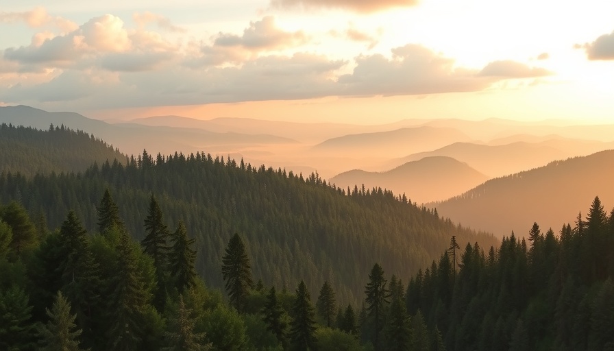 Serene mountain forest with text 'Random Forests vs Gradient Boosting'.
