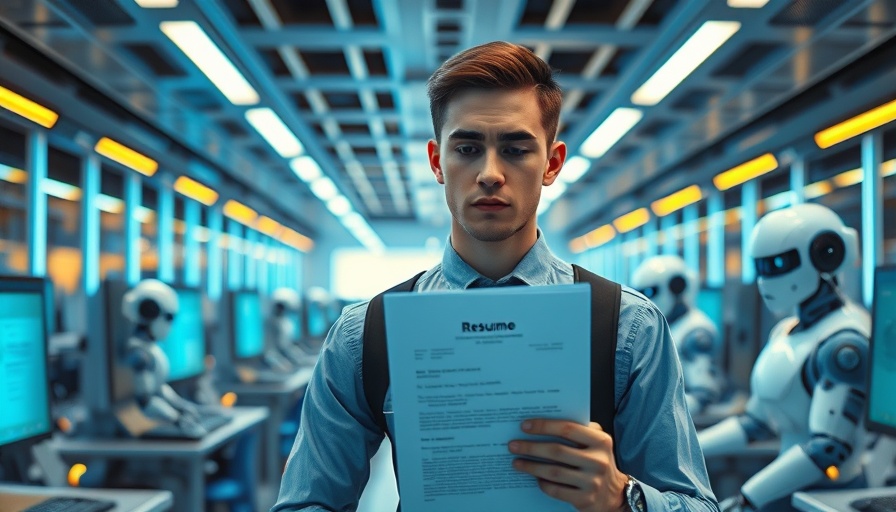 Young professional with resume amidst robots highlights AI impact on entry-level jobs.