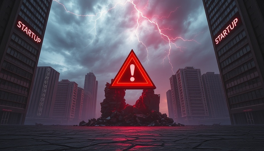 Dramatic scene of startups with a warning sign in a futuristic city.