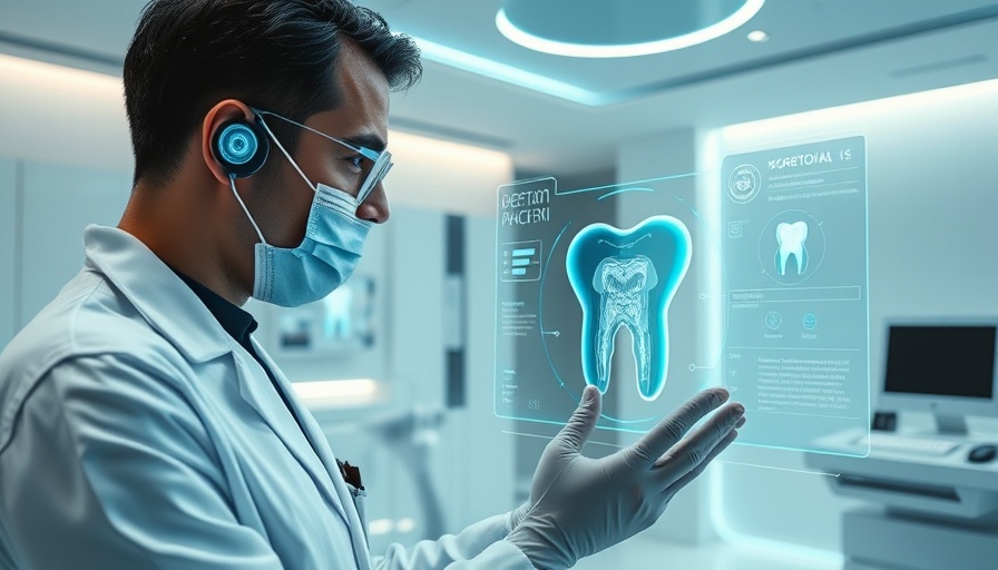 Futuristic AI-powered dental software interface in 2025 dental clinic.