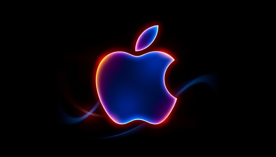 Vibrant glowing Apple logo with a blue and orange gradient.