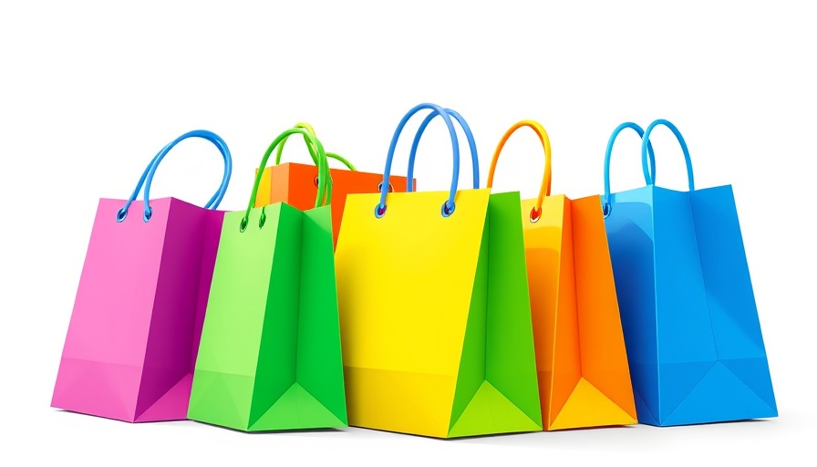 Colorful digital shopping bags icon representing ecommerce.