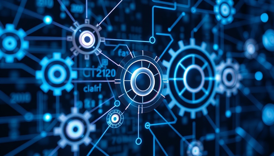 Futuristic multi-agent systems digital interface with interconnected nodes and gears.