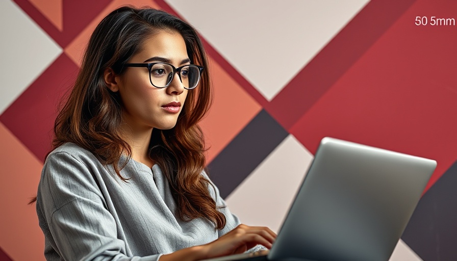 Woman using laptop with abstract background, website homepage elements.