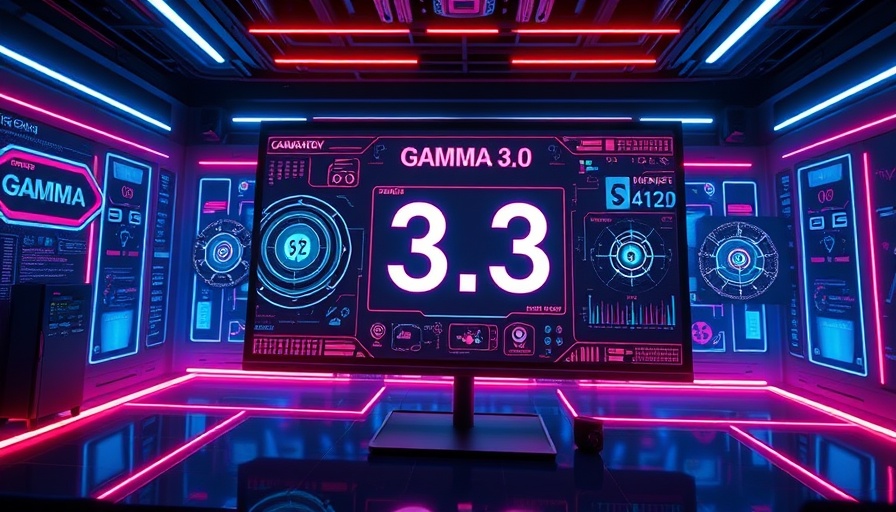 Gamma 3.0 AI presentation in futuristic digital setting, vibrant neon lights.