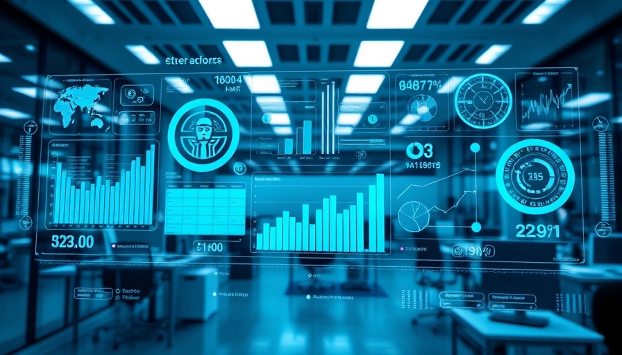 Futuristic AI interface for business analytics in a modern office setting.