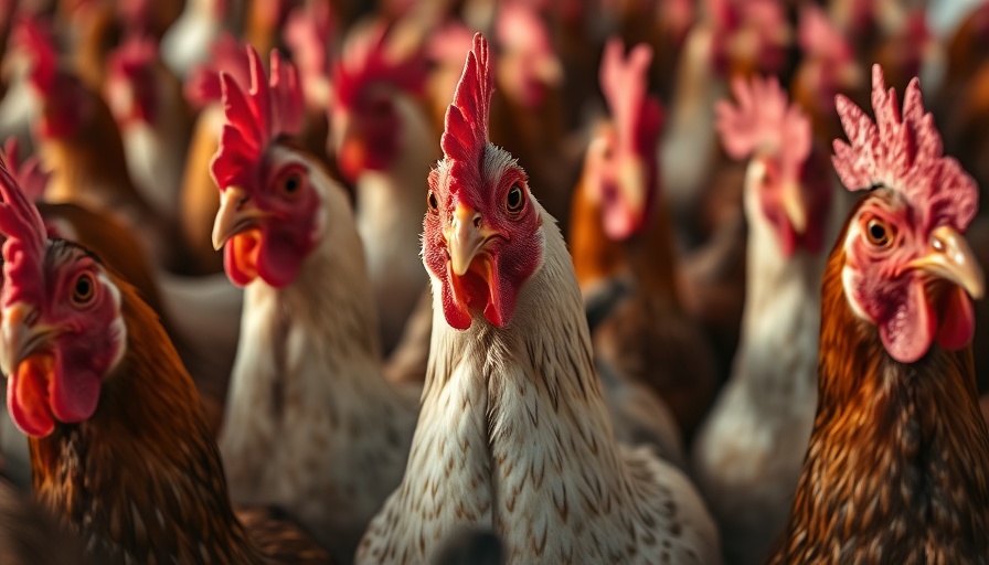 Bird flu dangers and prevention: Close-up of chickens in a flock.