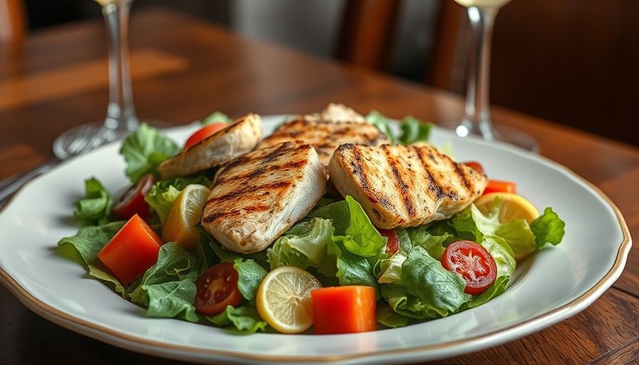 Delicious Caesar salad with grilled chicken on a wooden table.