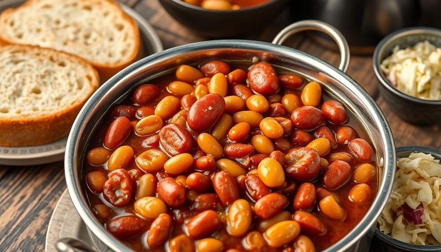 Beans and franks recipe in stainless pot with bread and coleslaw.