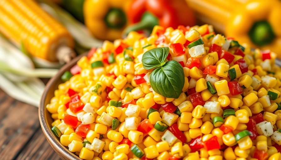 Confetti corn salad with bell peppers and onion, topped with basil.