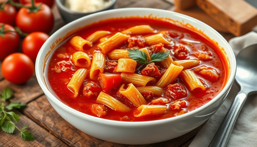Hearty Rosa Marina soup in white bowl on rustic table.