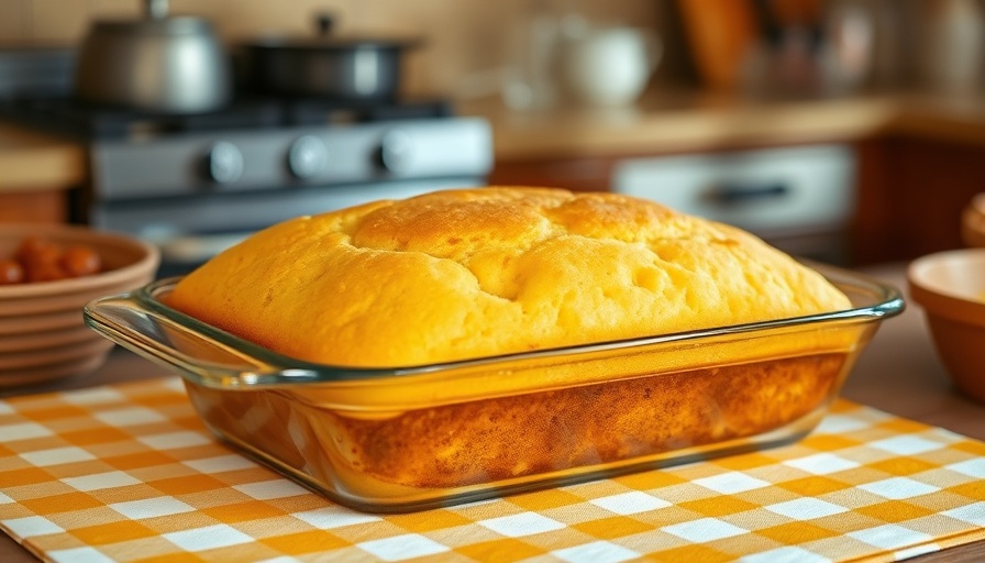 Quick and Easy Cornbread in a glass baking dish with a golden crust.